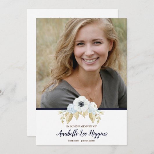 思い出エレガントを愛する葬儀の青いフローラ サンキューカード (正面/裏面)