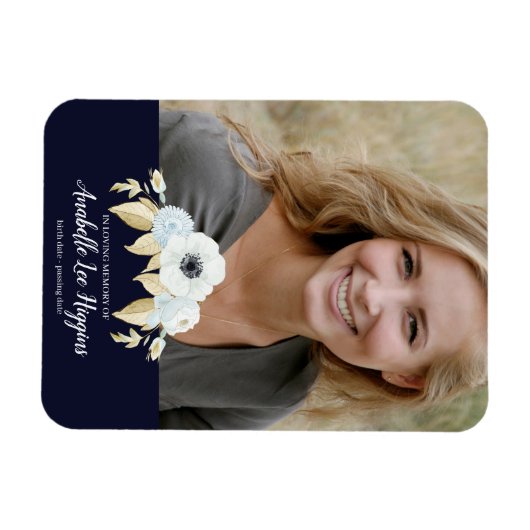 思い出エレガントを愛する葬儀の青いフローラ マグネット (横)