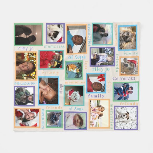 思い出カラフル20枚のフォトコラージュを作成 フリースブランケット (正面(横))