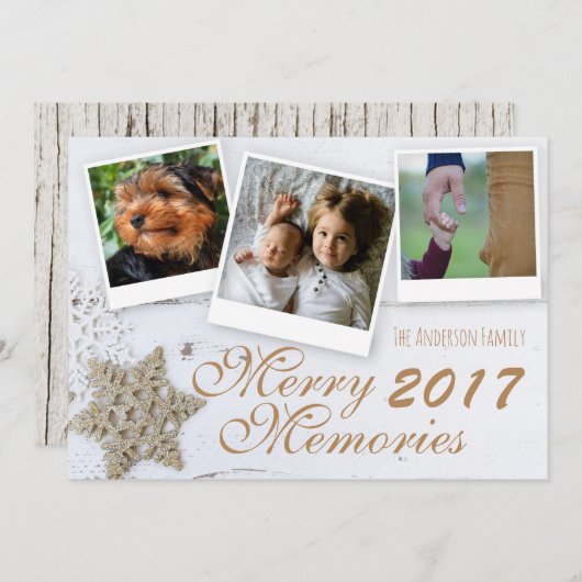 思い出メリーの3家族写真の雪素朴片 シーズンカード (正面/裏面)