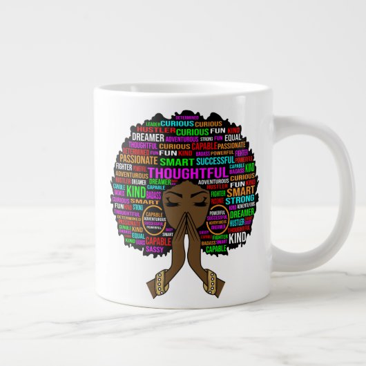 思慮深い黒いクリスチャン女性メラニン母 ジャンボコーヒーマグカップ (右)