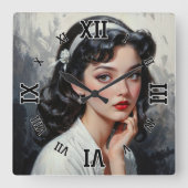 思慮深インスパイアい若い女性のレトロポートレート スクエア壁時計 (正面)