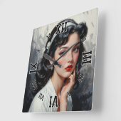 思慮深インスパイアい若い女性のレトロポートレート スクエア壁時計 (傾斜)