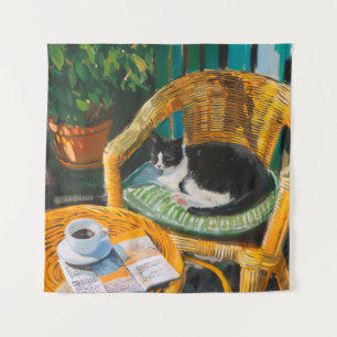 怠惰な日曜日の朝 コージーキャット&コーヒ絵を描ーズ タペストリー