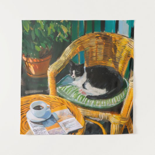 怠惰な日曜日の朝 | コージーキャット&コーヒ絵を描ーズ タペストリー (正面)