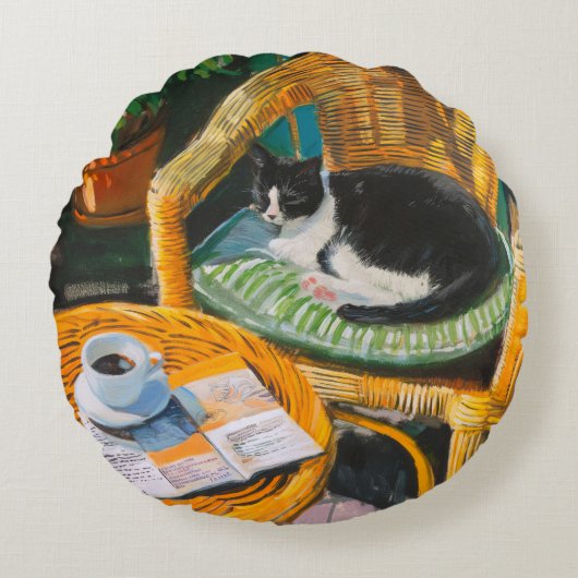 怠惰な日曜日の朝 | コージーキャット&コーヒ絵を描ーズ ラウンドクッション (正面)