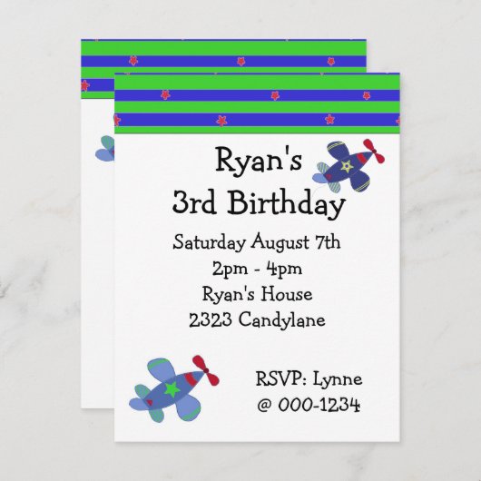 急上昇する飛行機の誕生日パーティーの招待状 招待状 (正面/裏面)