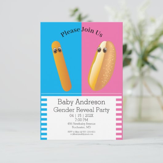 性のおもしろい明らかに🌭踊りホットドッグ赤ちゃんシャワー 招待状 (スタンド正面)