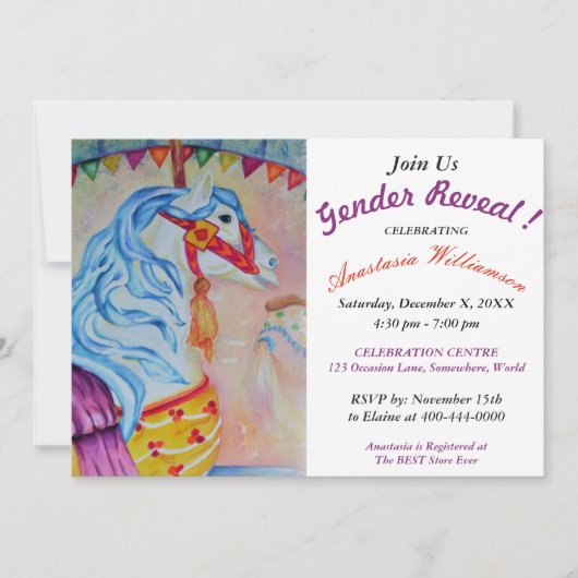 性はカラフルな回転木馬の馬のパーティーの招待を明らかにします 招待状 (正面)