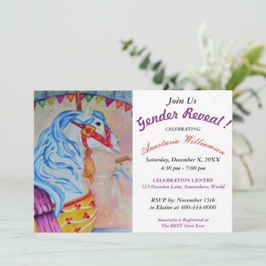 性はカラフルな回転木馬の馬のパーティーの招待を明らかにします 招待状 (スタンド正面)