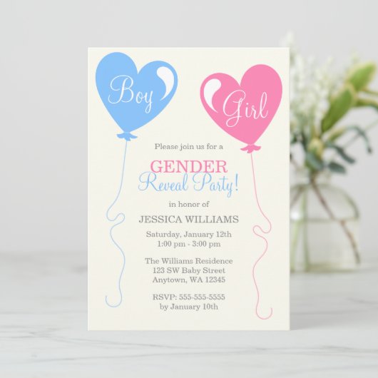 性はハートの気球のピンクの青のアイボリーを明らかにします 招待状 (スタンド正面)