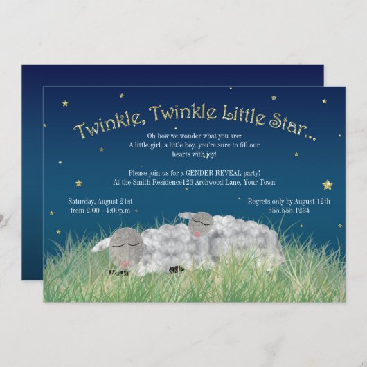 性はパーティーのきらめきを少し星のかわいいヒツジ明らかにします 招待状 (正面/裏面)