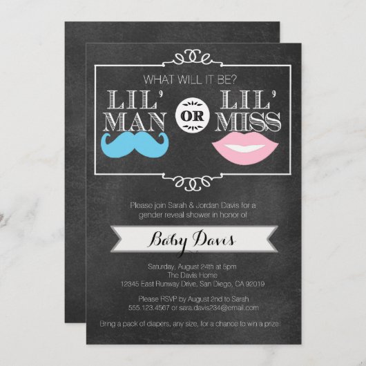 性はパーティーのベビーシャワーの招待状のチョークを明らかにします 招待状 (正面/裏面)