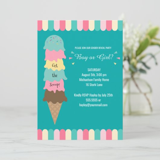 性はパーティーHeresをスコップのアイスクリームのティール（緑がかった色）明らかにします 招待状 (スタンド正面)