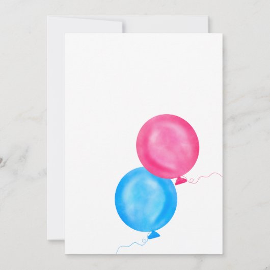 性はピンクの青の気球のタイポグラフィを明らかにします 招待状 (裏面)