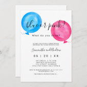 性はピンクの青の気球のタイポグラフィを明らかにします 招待状 (正面/裏面)