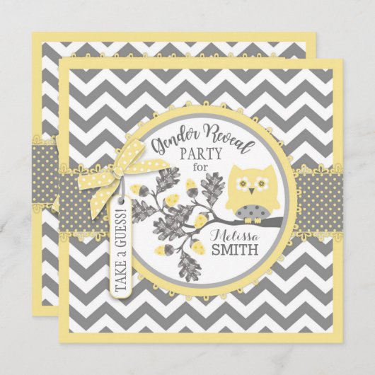 性はフクロウのシェブロンのプリントのベビーシャワーのパーティーを明らかにします 招待状 (正面/裏面)