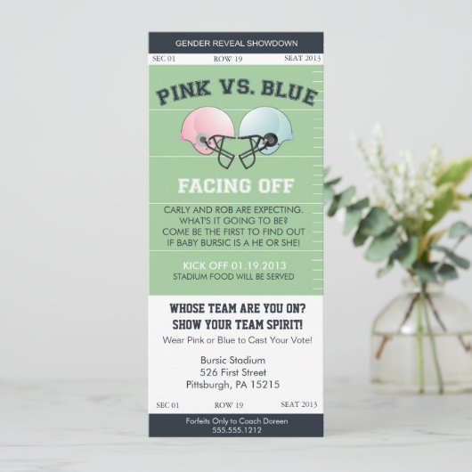 性はフットボールのチケットのベビーシャワーInvitatiを明らかにします 招待状 (スタンド正面)