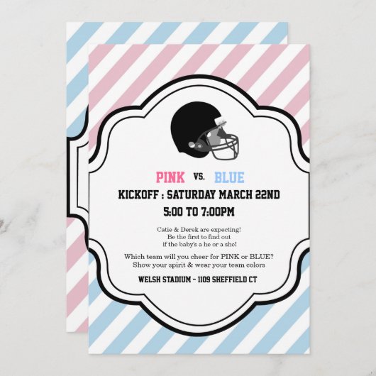 性はフットボールのベビーシャワーの男の子の女の子のピンクを明らかにします 招待状 (正面/裏面)