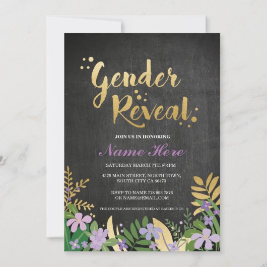 性はベビーシャワーの招待の金ゴールドの紫色の黒を明らかにします 招待状 (正面)