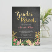 性はベビーシャワーの招待の金ゴールドの花柄の黒を明らかにします 招待状 (スタンド正面)