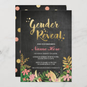 性はベビーシャワーの招待の金ゴールドの花柄の黒を明らかにします 招待状 (正面/裏面)