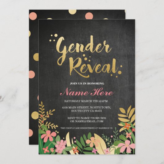 性はベビーシャワーの招待の金ゴールドの花柄の黒を明らかにします 招待状 (正面/裏面)