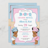 性はベビーQ BBQのピンクの青いギンガムを明らかにします 招待状 (正面/裏面)