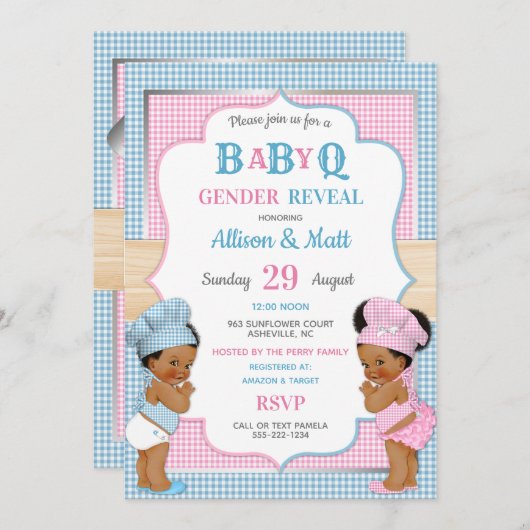 性はベビーQ BBQのピンクの青いギンガムを明らかにします 招待状 (正面/裏面)