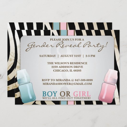 性は哺乳瓶の男の子または女の子の招待状を明らかにします 招待状 (正面/裏面)