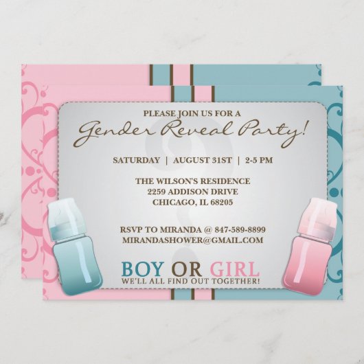 性は哺乳瓶の男の子または女の子の招待状を明らかにします 招待状 (正面/裏面)