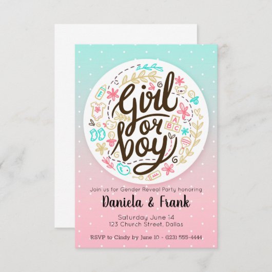 性は招待状のベビーシャワーの男の子か女の子を明らかにします 出欠カード (正面/裏面)