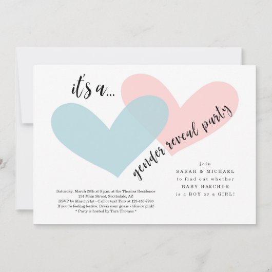 性は|の招待状をピンク及び青いハート明らかにします 招待状 (正面)