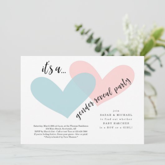 性は|の招待状をピンク及び青いハート明らかにします 招待状 (スタンド正面)