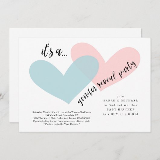 性は|の招待状をピンク及び青いハート明らかにします 招待状 (正面/裏面)