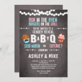 性別お披露目パーティー 赤ちゃんQ BBQ カップルシャワーへの招待 招待状 (正面/裏面)