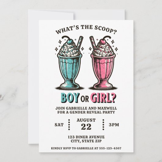性別がアイスクリームのミルクシェイクピンクとブルーを明らかにする 招待状 (正面)