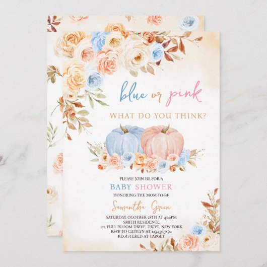 性別がカボチャの小さな赤ちゃんシャワーを明らかにする 招待状 (正面/裏面)