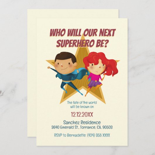 性別がスーパーヒーローを明らかにする可愛いブルーピンク黄色 招待状 (正面/裏面)