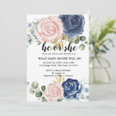 性別がネイビーエレガントブルー赤面ピンクを明らかにする 招待状 (スタンド正面)