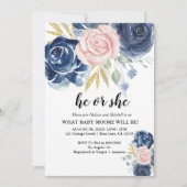 性別がネイビーエレガントブルー赤面ピンクを明らかにする 招待状 (正面)