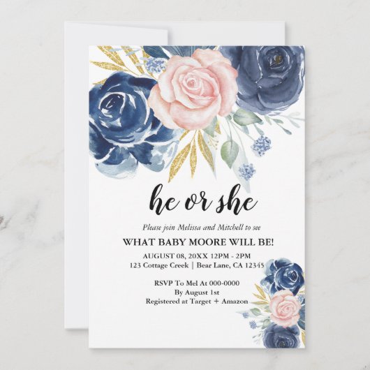 性別がネイビーエレガントブルー赤面ピンクを明らかにする 招待状 (正面)