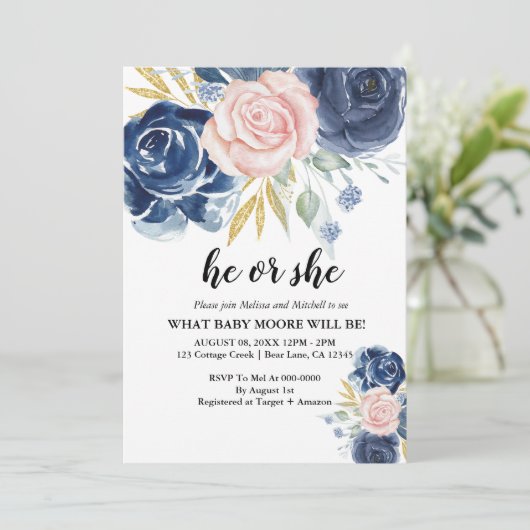 性別がネイビーエレガントブルー赤面ピンクを明らかにする 招待状 (スタンド正面)