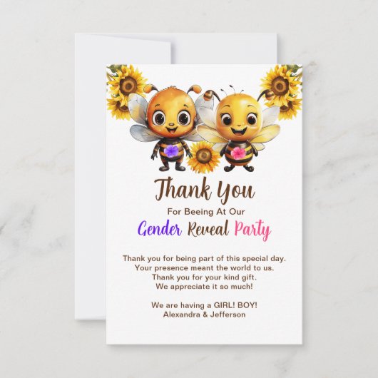 性別がパーティーを明かす彼または彼女のベビービーシャワー サンキューカード (正面)