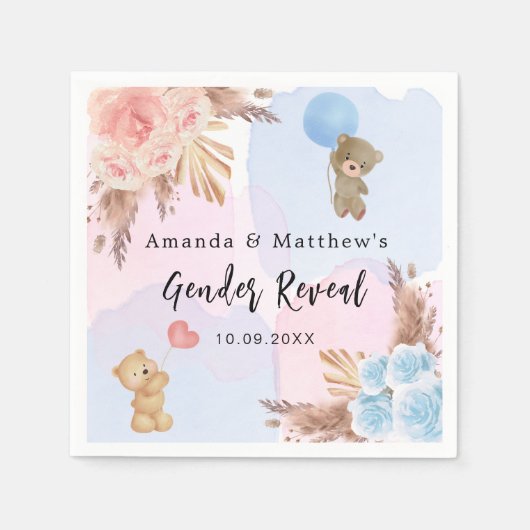 性別がパーティーパンパステディベアのピンク色を明らかにする スタンダードカクテルナプキン (正面)