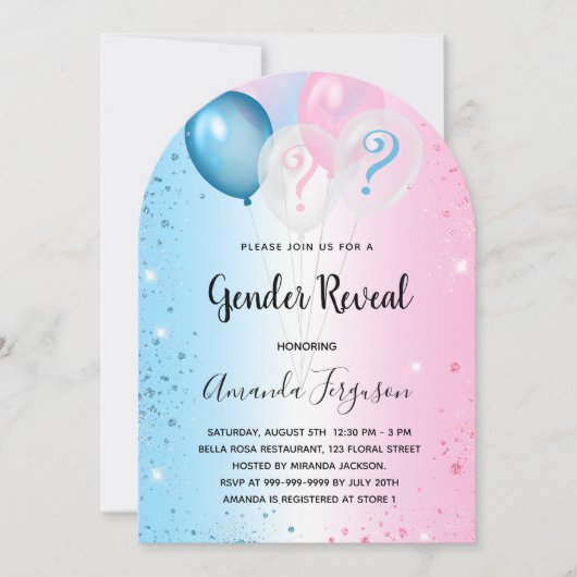 性別がパーティーピンクブルー男の赤ちゃんガールアーチを明かす 招待状 (正面)