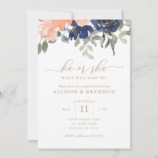 性別がピンクとブルーの花模様を表示 招待状 (正面)