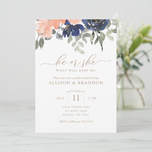 性別がピンクとブルーの花模様を表示 招待状 (スタンド正面)