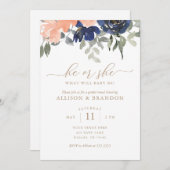 性別がピンクとブルーの花模様を表示 招待状 (正面/裏面)