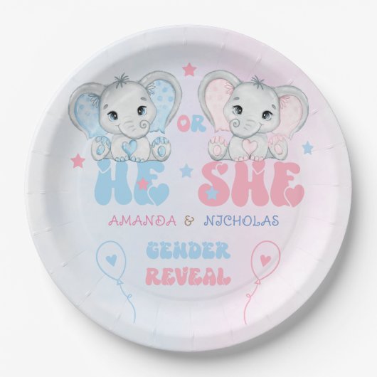 性別がピンクと青の象を明らかにする ペーパープレート (正面)